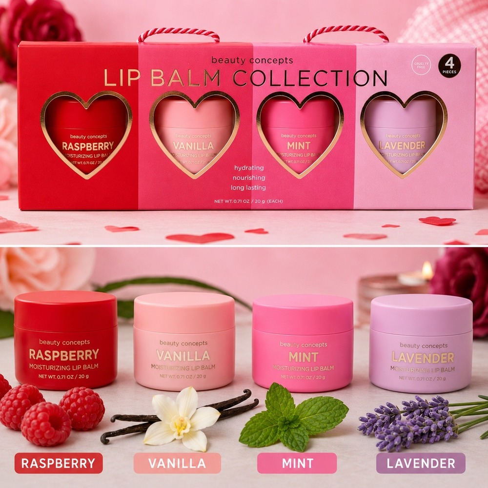Beauty Concepts Lip Balm Collection 4 Piece Set Raspberry Vanilla Mint Lavender